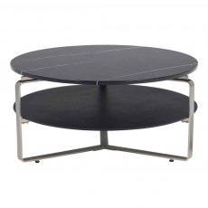 ACANTHUS COFFEE TABLE ROUND- BLACK MARBLE TOP BLACK GLASS SHELF
